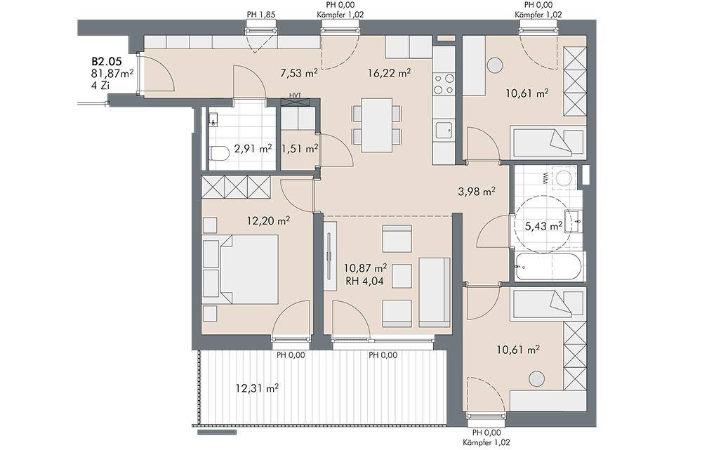 Grundriss der Wohnung B2.05 mit 81,87 m² Wohnfläche und Balkon.