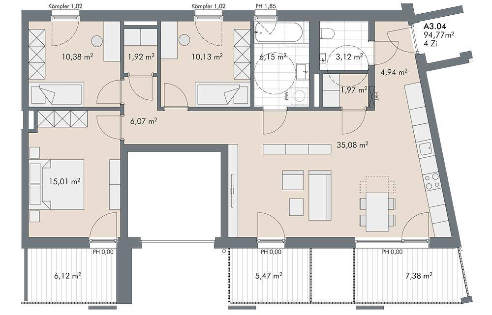 Detaillierter Grundriss einer 4-Zimmer-Wohnung mit mehreren Bädern und Balkonzugang.
