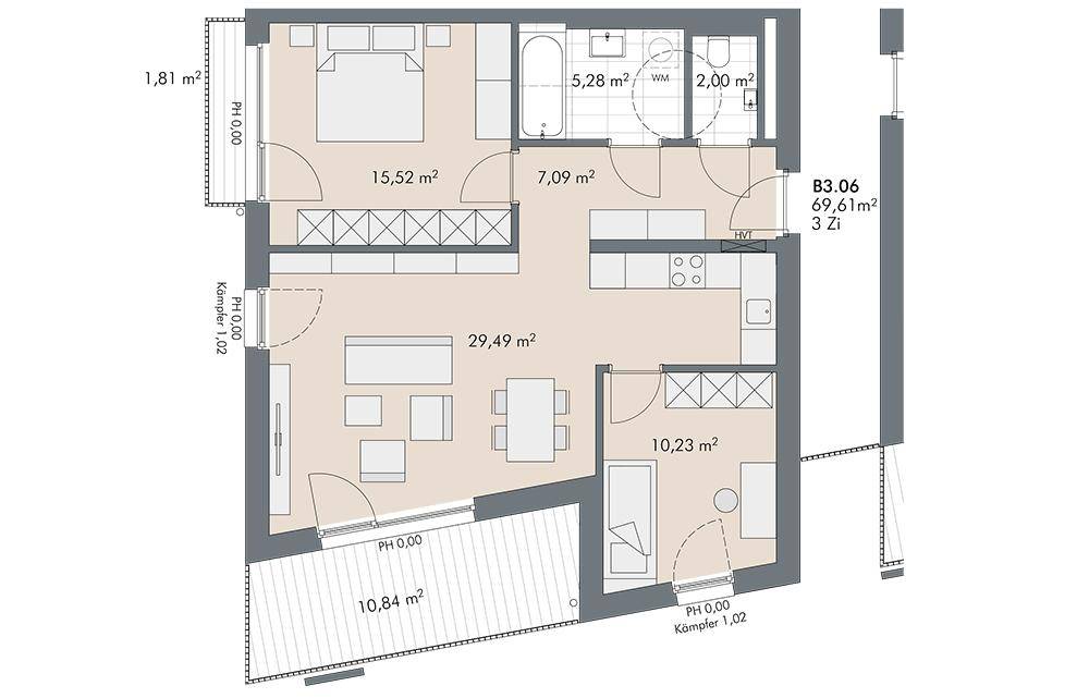 Detaillierter Grundriss einer Wohnung mit offenem Wohnbereich, Schlafzimmer, Bad und großem Balkon.