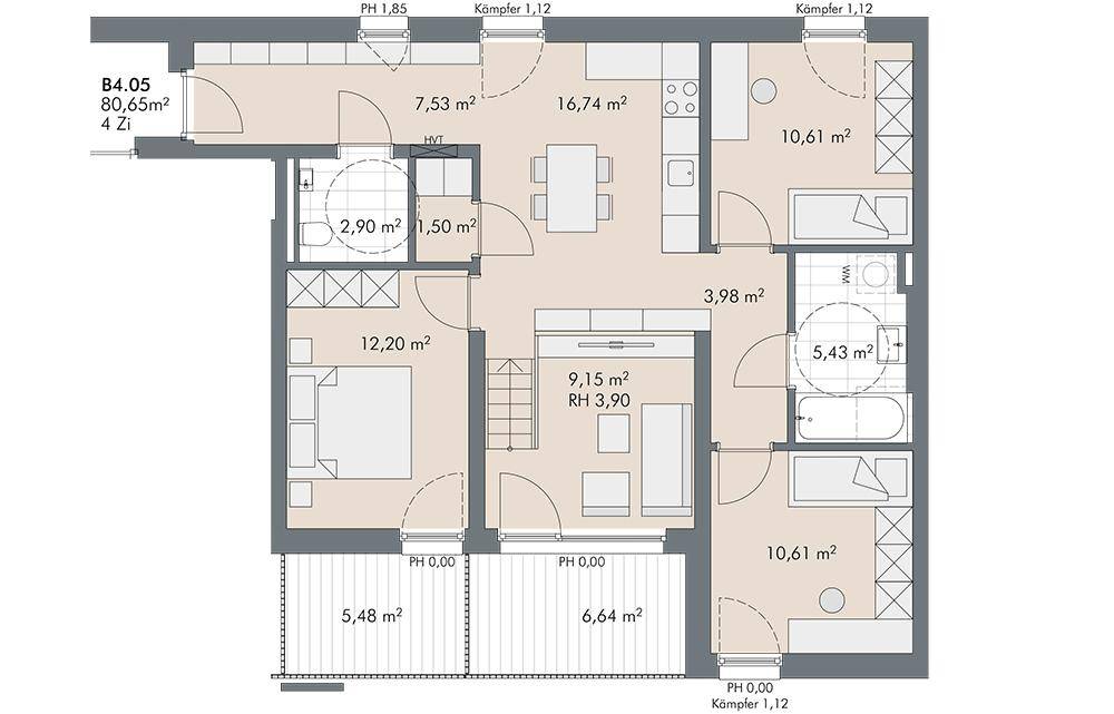 Detaillierter Grundriss einer Wohnung mit mehreren Zimmern und Balkonzugang.
