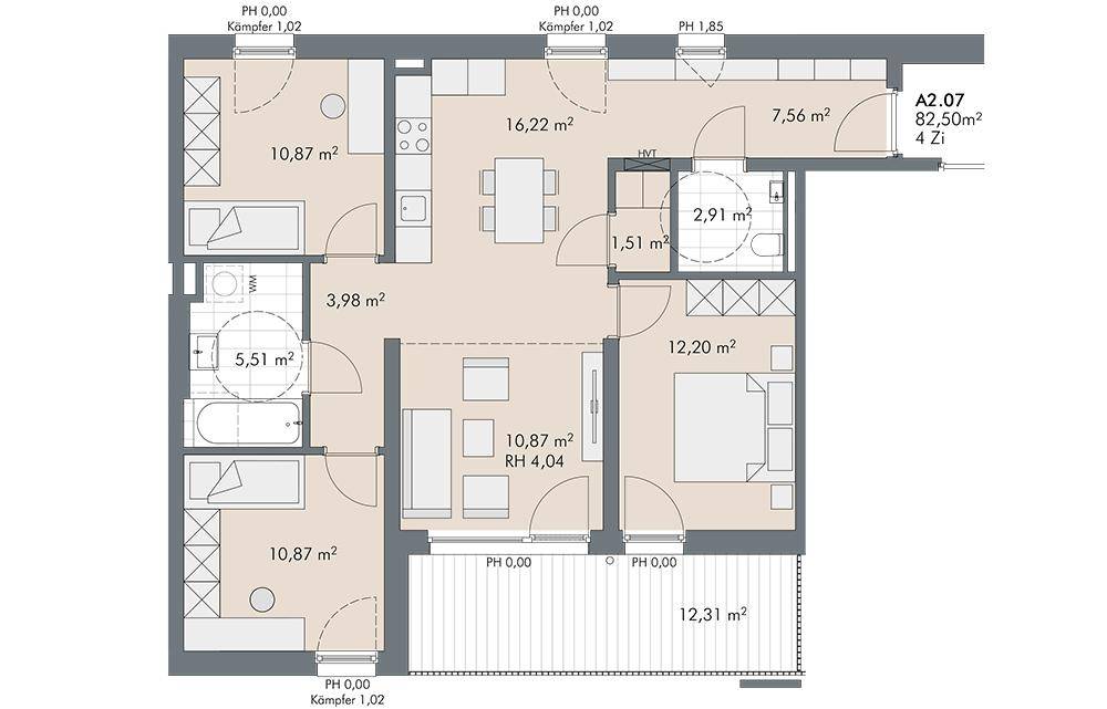 Detaillierter Grundriss einer 4-Zimmer-Wohnung mit Balkon und klarer Raumaufteilung.