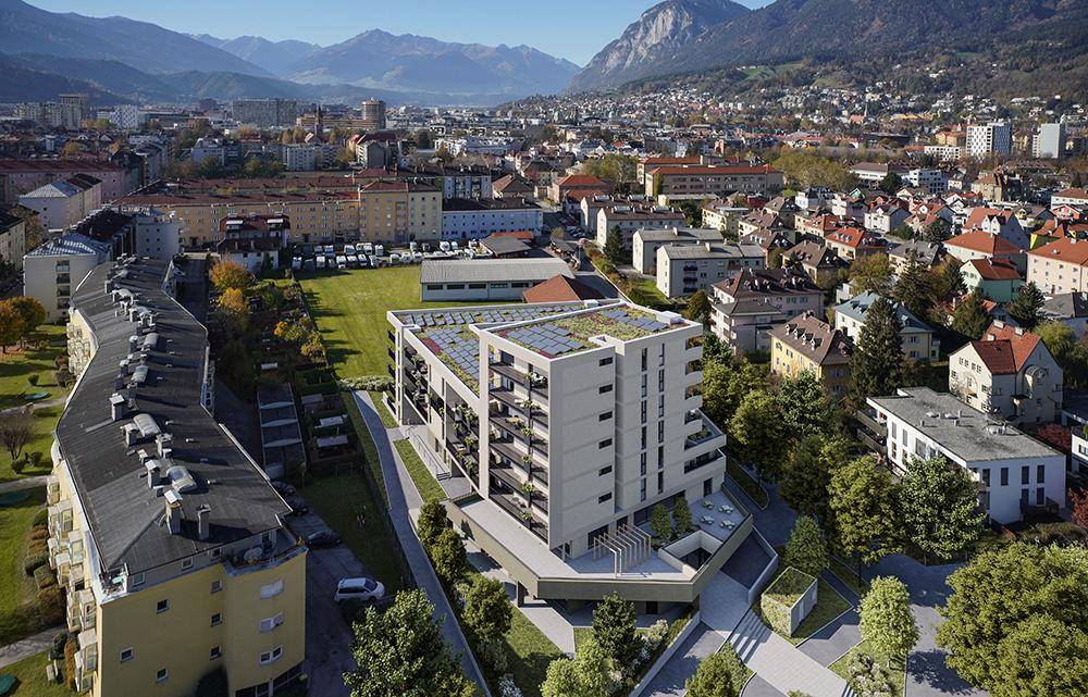 Panoramische Luftaufnahme der Stadt mit dem modernen Wohngebäude und der umliegenden Landschaft.