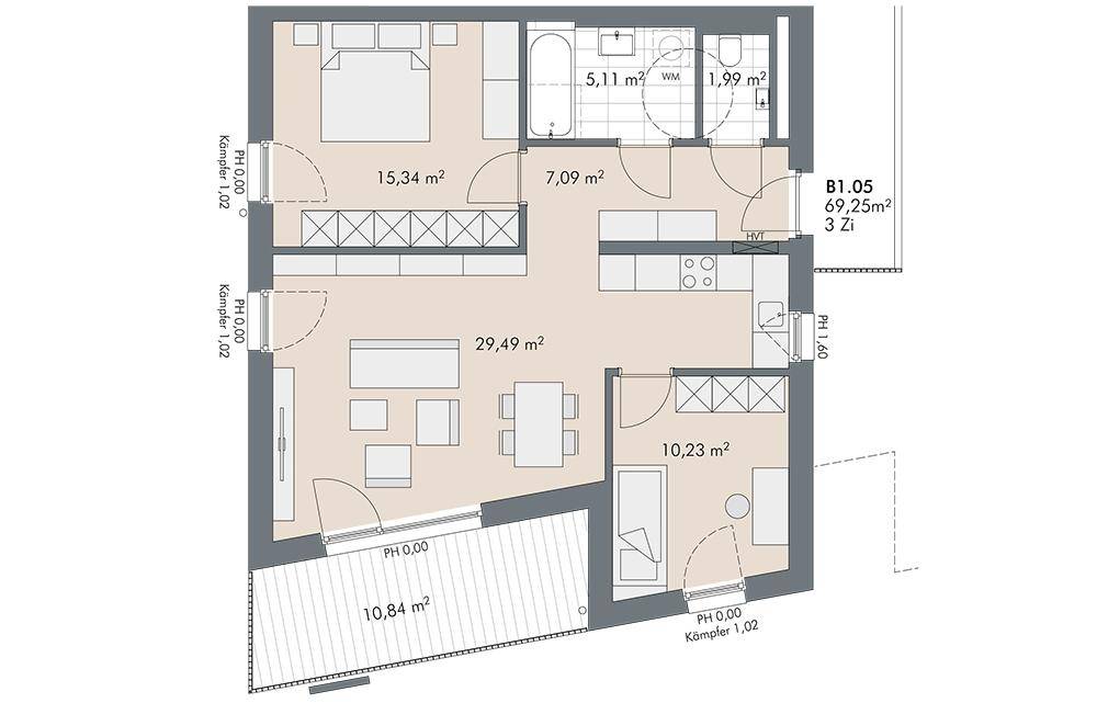 Grundriss einer 3-Zimmer-Wohnung mit offenem Wohnbereich, Schlafzimmer und Balkon.