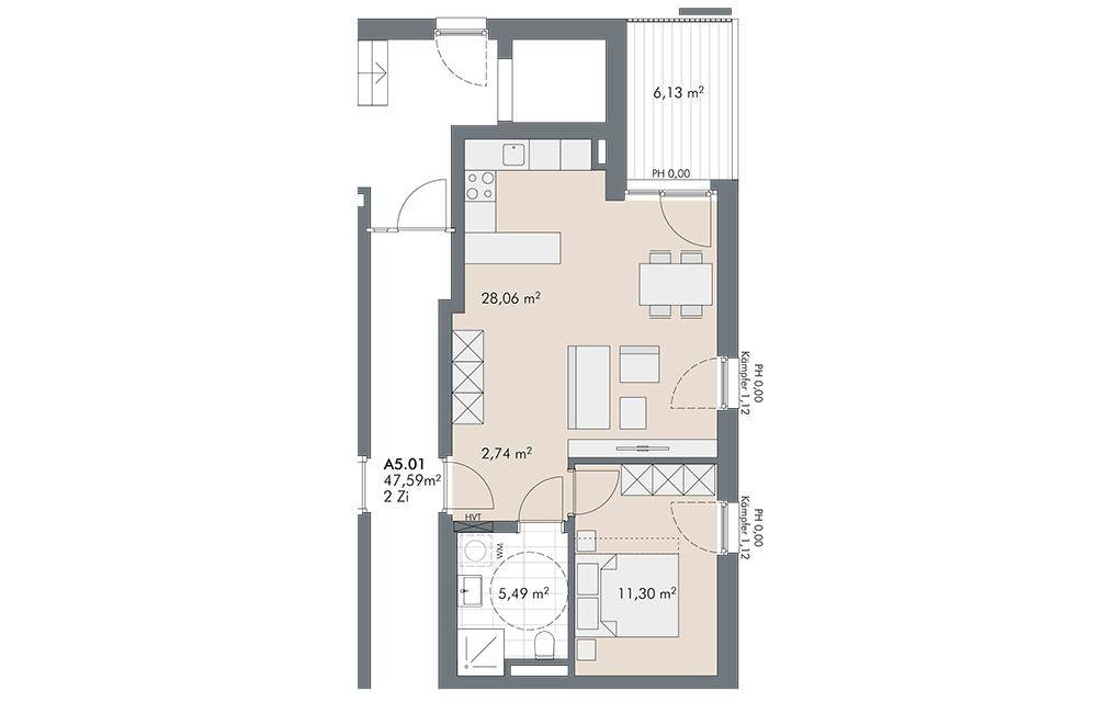 Grundriss der Wohnung A5.01 mit 47,59 m² Wohnfläche und Balkon.
