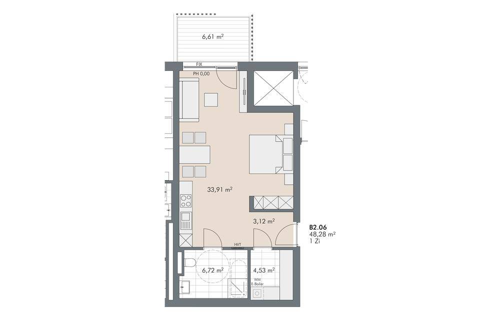 Grundriss einer kompakten Wohnung mit offenem Wohnbereich, Schlafzimmer und Balkon.