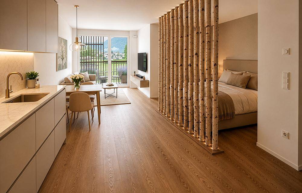 Heller offener Wohnbereich mit integrierter Küche, Essplatz und Zugang zum Balkon mit Bergblick.