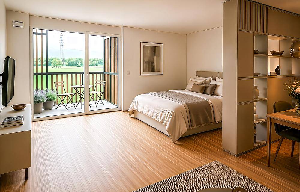 Gemütlicher Schlafbereich im Studio-Apartment mit Balkonzugang und weitem Blick ins Grüne.