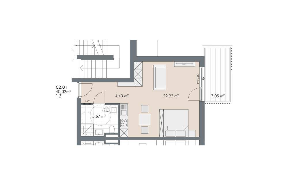 Grundriss einer modernen 1-Zimmer-Wohnung mit offenem Wohnbereich, Bad und Balkon.