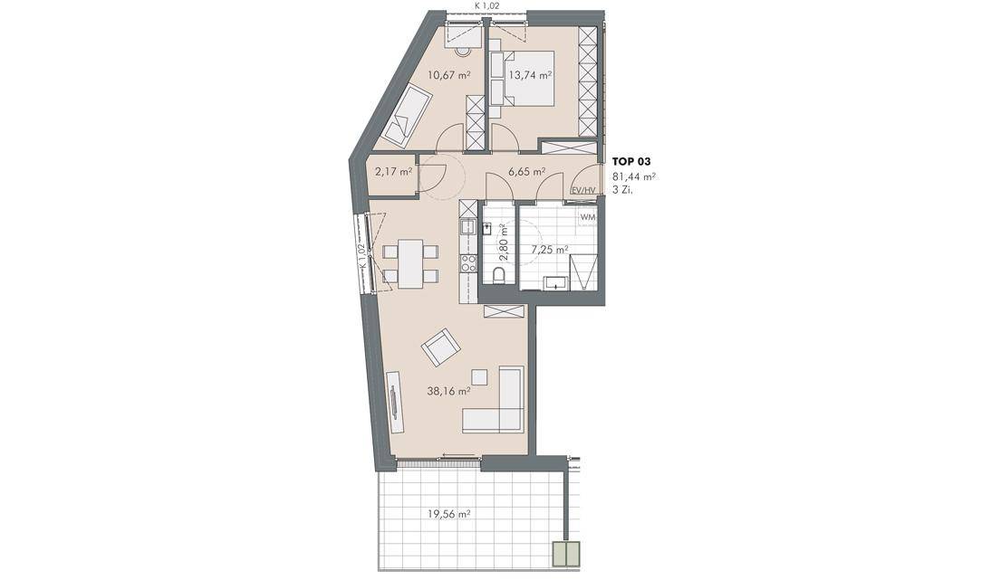 Grundriss einer Wohnung mit offenem Wohnbereich, zwei Schlafzimmern und einer großen Terrasse.