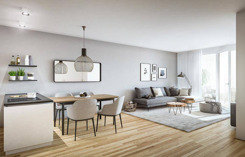 Moderner Wohn-Essbereich mit offener Küchenzeile, Holzboden und Zugang zum Balkon.
