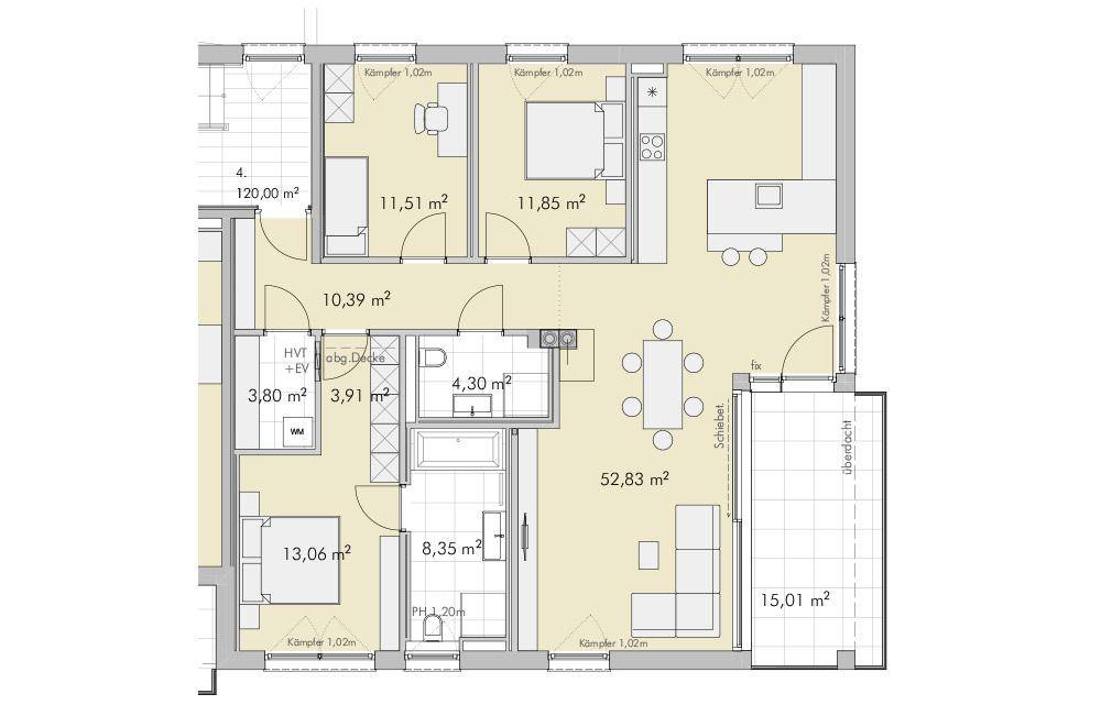 Detaillierter Grundriss einer Wohnung mit offenem Wohnbereich, drei Schlafzimmern und Balkon.