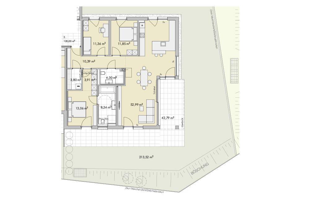 Detaillierter Grundriss einer Wohnung mit drei Schlafzimmern und großem Wohnbereich.