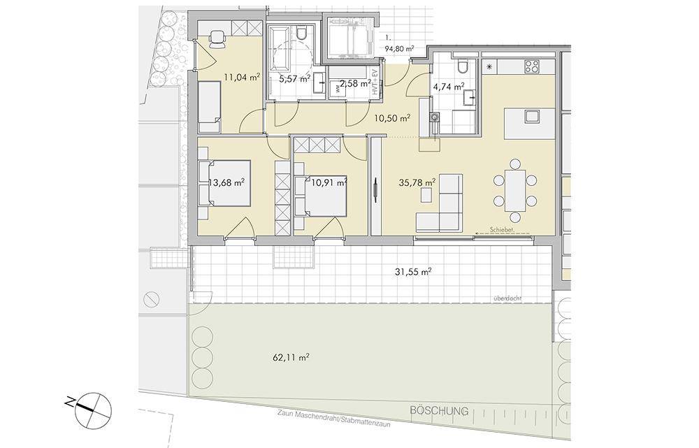 Grundriss einer Wohnung mit offenem Wohnbereich, zwei Schlafzimmern und großer Terrasse.
