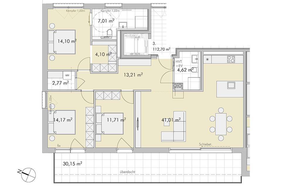 Detaillierter Grundriss einer Wohnung mit zwei Schlafzimmern, offenem Wohnbereich und Balkon.