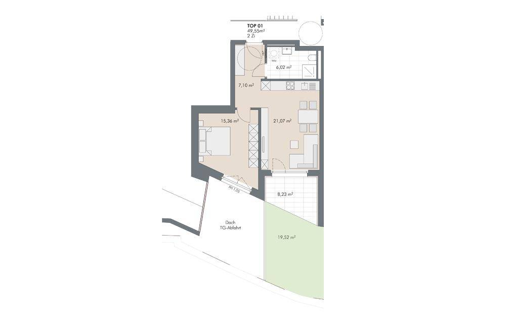 Grundriss einer Wohnung mit Schlafzimmer, Wohnbereich, Bad und Zugang zu Terrasse und Garten.
