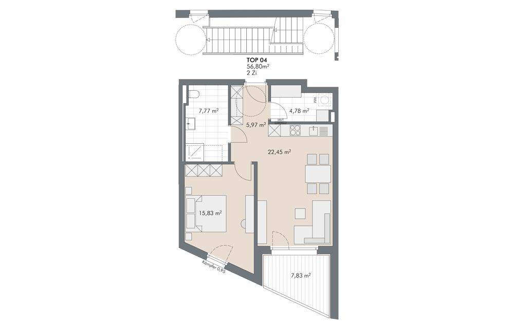 Grundriss für Wohnung TOP 04 mit 56,80m², einem Schlafzimmer, Bad und offenem Wohnbereich mit Balkon.