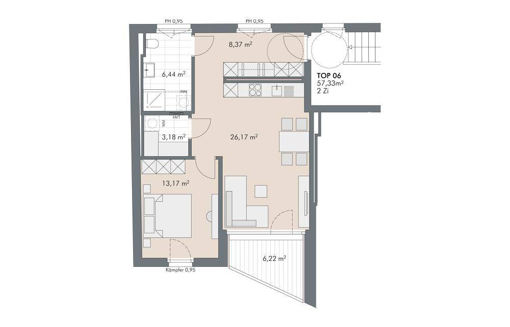 Grundriss einer Zweizimmerwohnung mit offenem Wohnbereich, Bad, Schlafzimmer und Balkon.