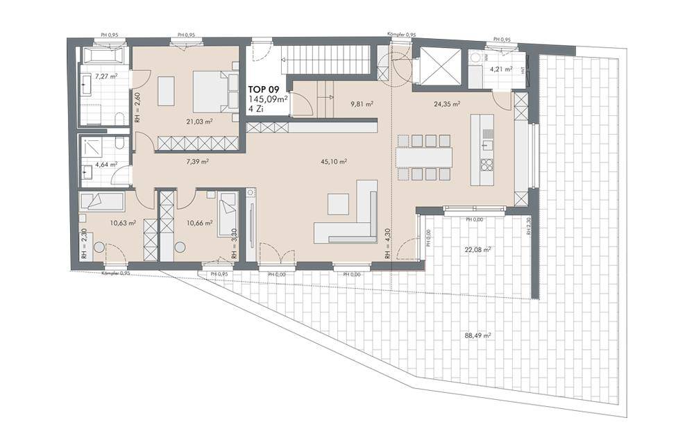 Detaillierter Grundriss einer 4-Zimmer-Wohnung mit großzügiger Terrasse und offenem Wohnbereich.