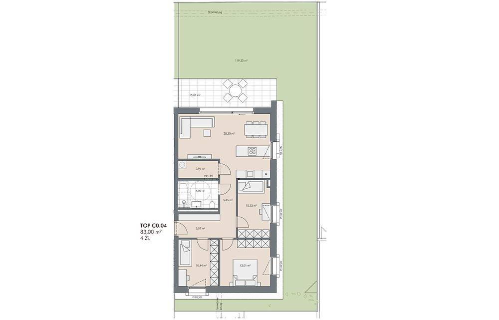 Grundriss einer Wohnung mit offenem Wohn-Essbereich, zwei Schlafzimmern, zwei Bädern und Zugang zu einer Terrasse und einem Garten.