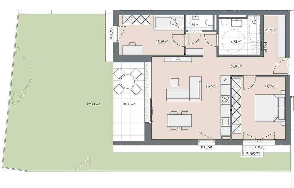Grundriss einer Wohnung mit großem Garten, Terrasse, offenem Wohn-Essbereich, Schlafzimmer und zwei Bädern.