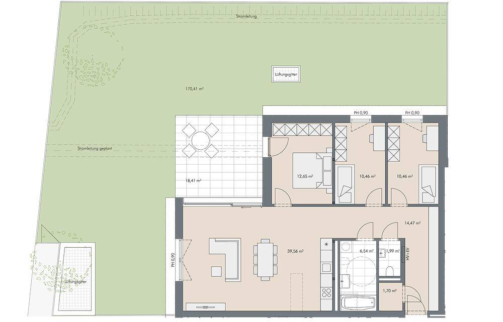 Detaillierter Grundriss einer Wohnung mit Garten, Terrasse und mehreren Zimmern.