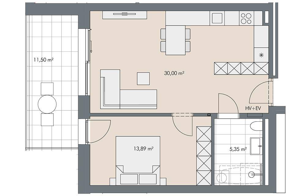Grundriss einer Wohnung mit offenem Wohn-Essbereich, integrierter Küche, separatem Schlafzimmer und einem Badezimmer. Ein Balkon erweitert den Wohnraum.