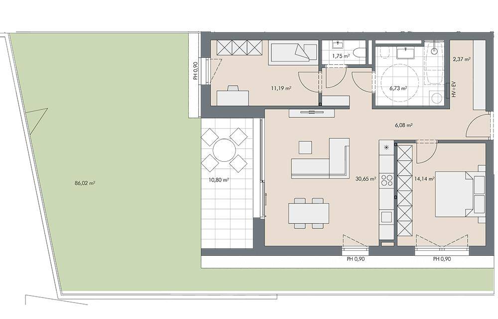 Grundriss einer Wohnung mit offenem Wohn-Essbereich, zwei Schlafzimmern, zwei Bädern, einer Terrasse und einem großen Garten.