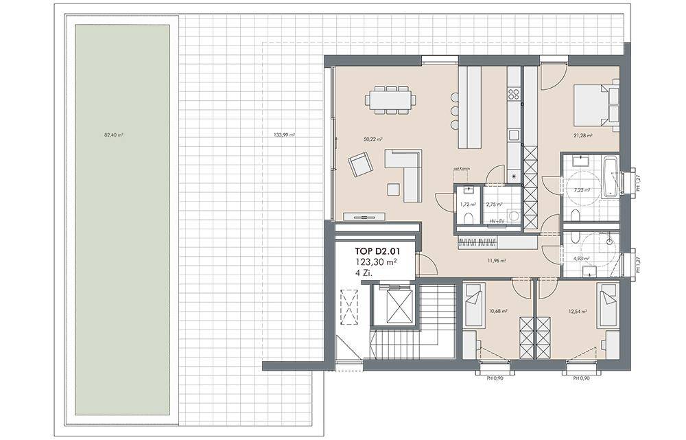 Grundriss einer Wohnung mit offenem Wohn-Essbereich, drei Schlafzimmern, zwei Bädern und einer großen Terrasse.