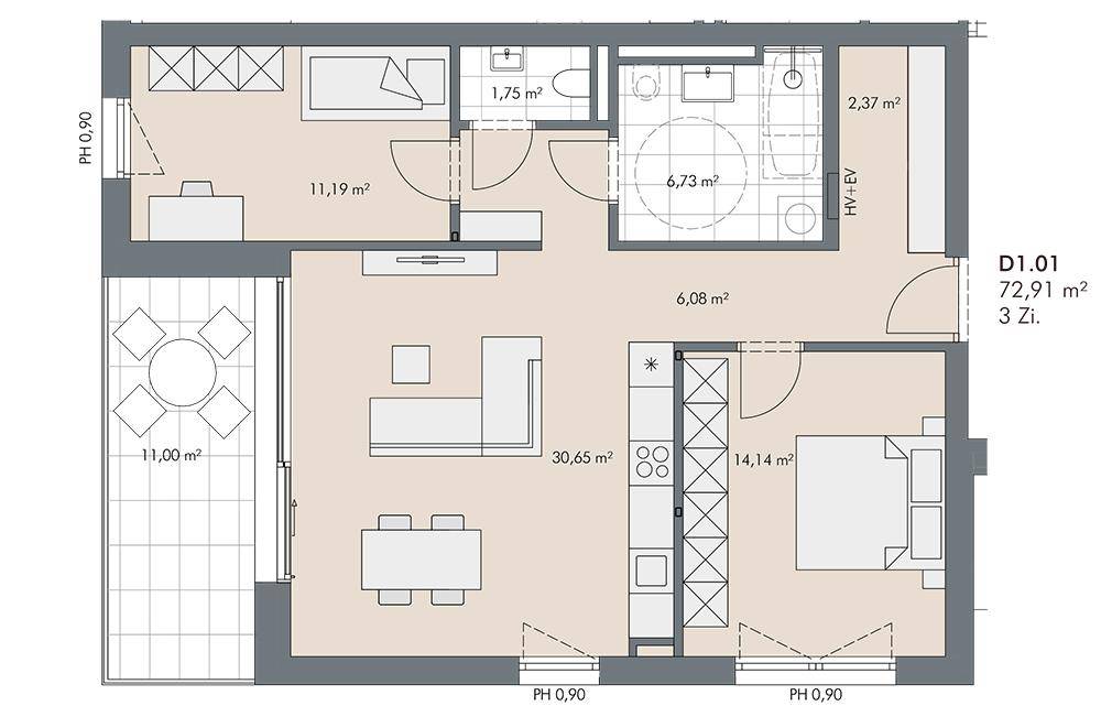 Grundriss einer Wohnung mit offenem Wohnbereich, zwei Schlafzimmern, zwei Bädern und einem Balkon.