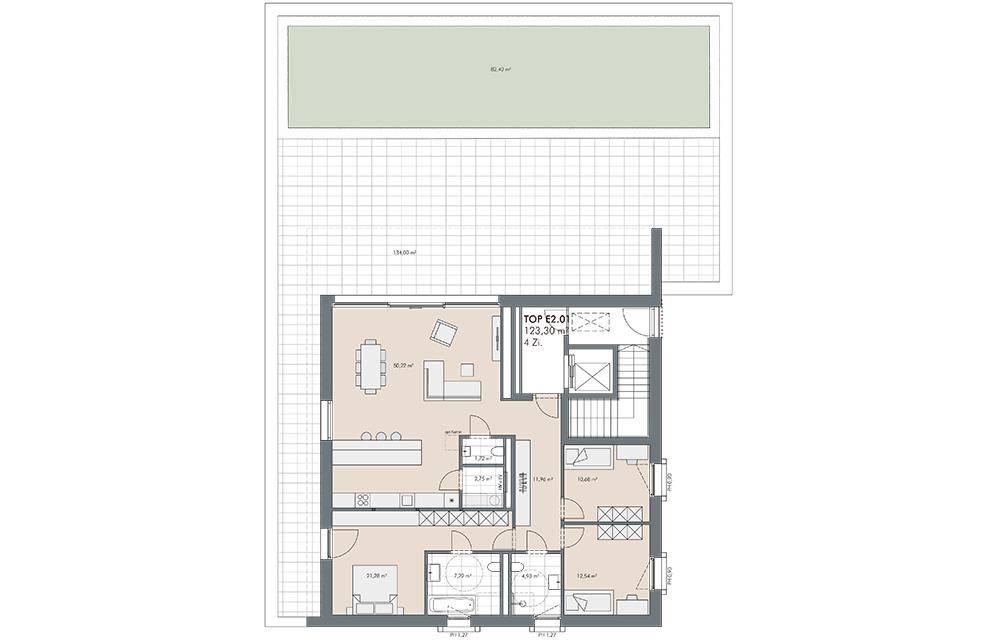 Grundriss einer Wohnung mit offenem Wohn-Essbereich, mehreren Schlafzimmern, Bädern und einer großen Terrasse.