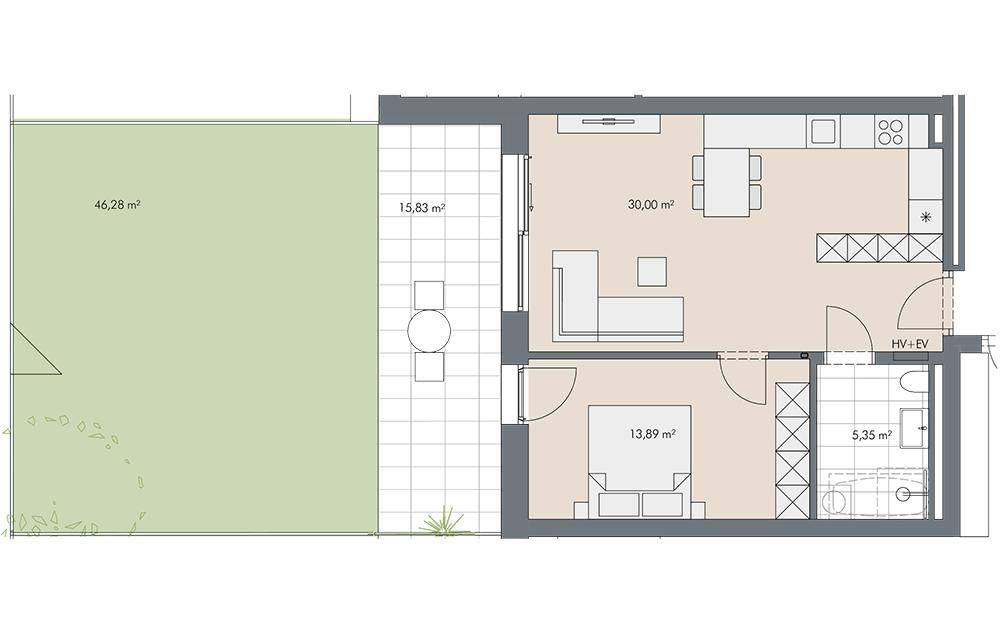 Grundriss einer Wohnung mit offenem Wohn-Essbereich, einem Schlafzimmer, Badezimmer, großer Terrasse und Garten.