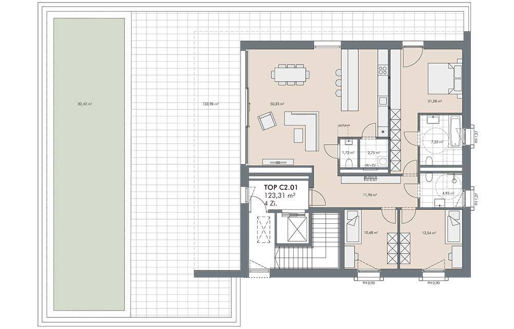 Grundriss einer modernen Wohnung mit offenem Wohnbereich, drei Schlafzimmern, zwei Bädern und großer Terrasse.