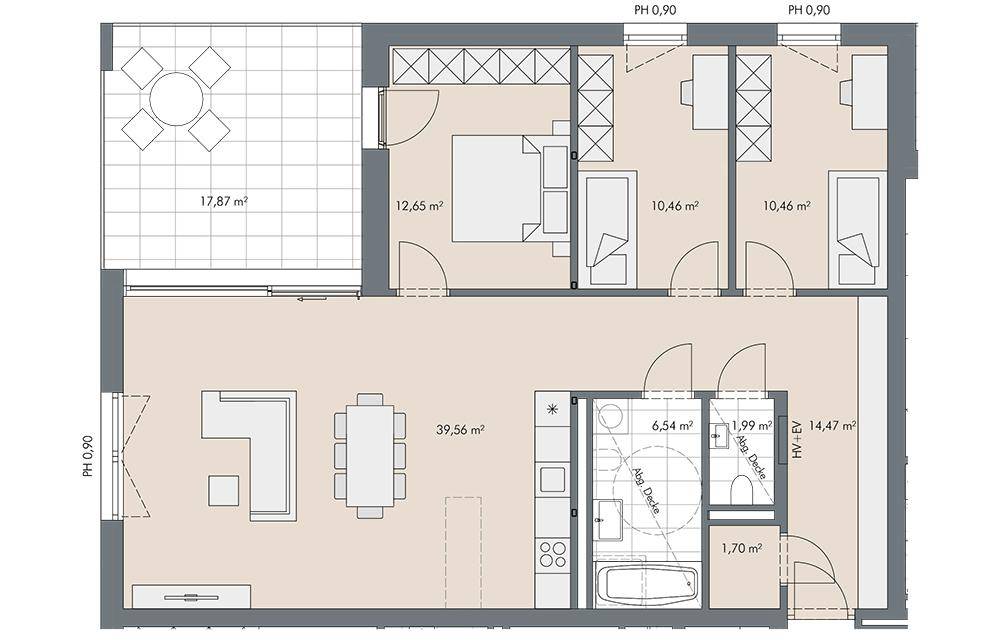 Detaillierter Grundriss einer Wohnung mit großem Wohn-Essbereich, drei Schlafzimmern, zwei Bädern und einer geräumigen Terrasse.