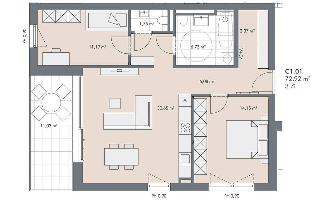 Grundriss einer 3-Zimmer-Wohnung mit offenem Wohnbereich, zwei Bädern und einem großen Balkon.