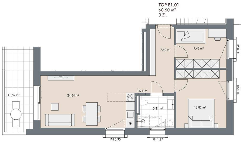 Grundriss einer 3-Zimmer-Wohnung mit offenem Wohnbereich, integrierter Küche und Balkon.