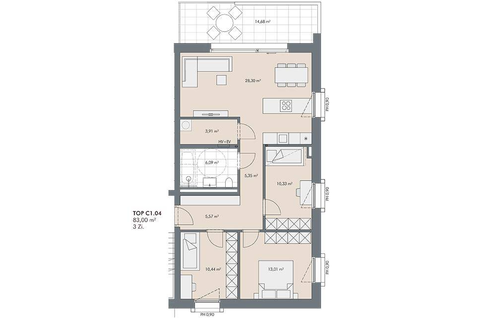 Grundriss einer Wohnung mit offenem Wohn-Essbereich, zwei Schlafzimmern, Bad und großer Terrasse.