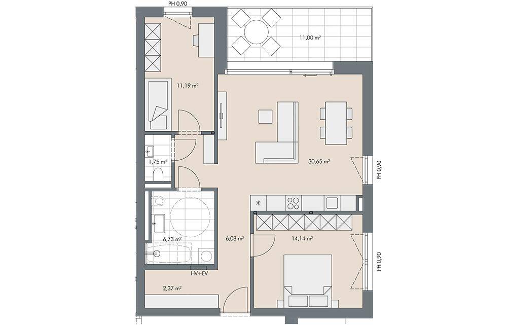 Grundriss einer Wohnung mit offenem Wohn-Essbereich, separatem Schlafzimmer und großer Terrasse.