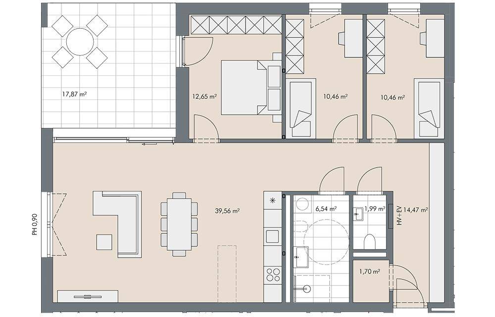 Detaillierter Grundriss einer Wohnung mit offenem Wohnbereich, drei Schlafzimmern, zwei Bädern und einem Balkon.
