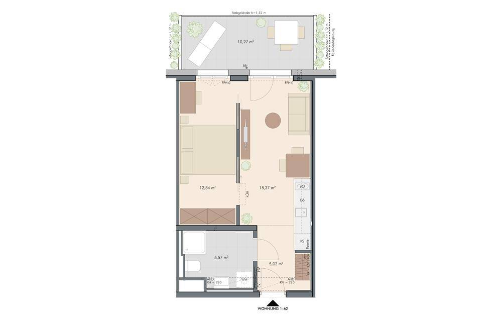 Grundriss einer modernen Wohnung mit offenem Wohnbereich, Schlafzimmer, Bad und einer großzügigen Terrasse mit Sitzgelegenheiten.
