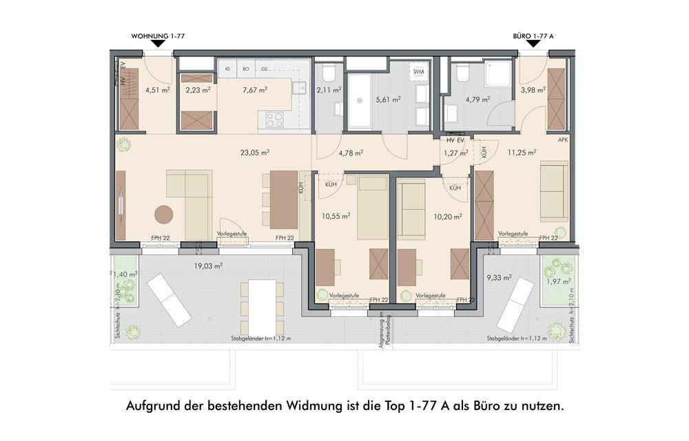 Detaillierter Grundriss einer Wohnung und eines Büros mit offenen Wohnbereichen, mehreren Bädern und Terrassenzugang.