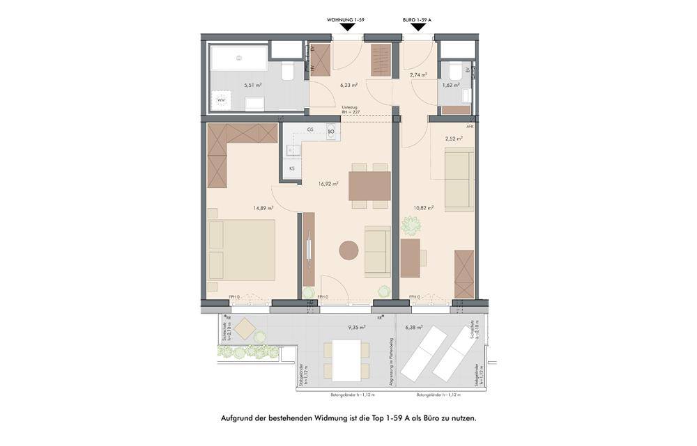 Grundriss einer modernen Wohnung mit offenem Wohnbereich, zwei Bädern und großer Terrasse.