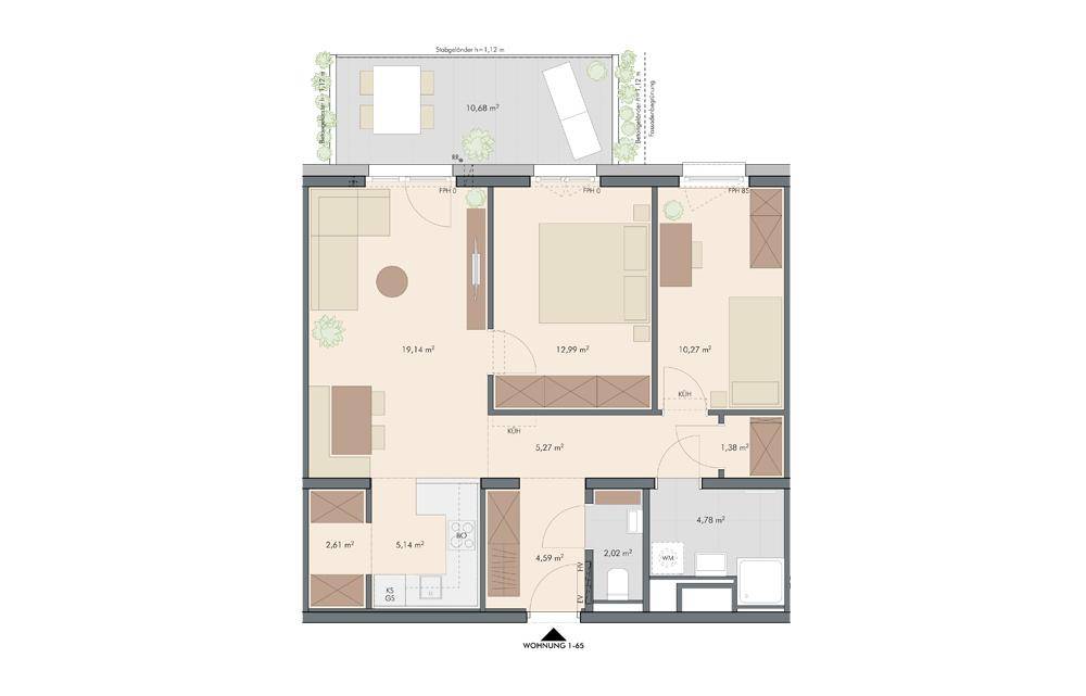 Grundriss einer Wohnung mit zwei Schlafzimmern, einem offenen Wohnbereich und einer großzügigen Terrasse.