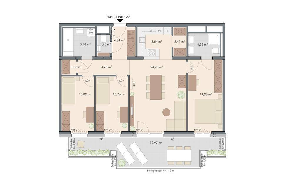 Detaillierter Grundriss einer modernen Wohnung mit drei Schlafzimmern, offenem Wohnbereich und großer Terrasse.