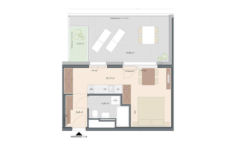 Grundriss einer Wohnung mit offenem Wohn-Essbereich, integrierter Küche, Schlafzimmer und großer Terrasse.