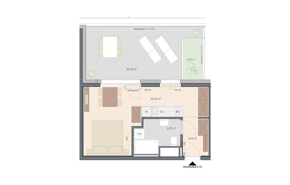 Grundriss einer Wohnung mit offenem Wohnbereich, integrierter Küche, Badezimmer und großer Terrasse mit Gartenanteil.