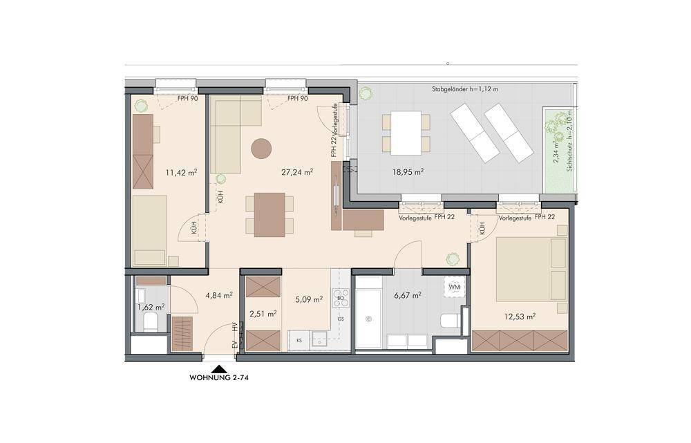 Dieser Grundriss zeigt eine moderne Wohnung mit offenem Wohnbereich, zwei Schlafzimmern und einer großen Terrasse.