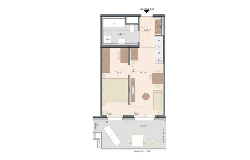 Grundriss einer kompakten Wohnung mit offenem Wohn-/Schlafbereich, separatem Bad und großer Terrasse.