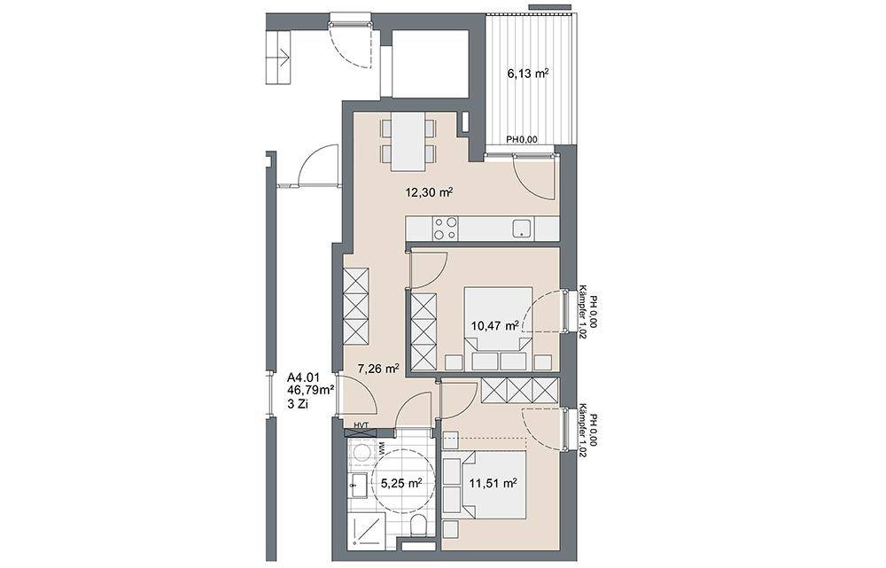 Grundriss einer modernen Wohnung mit offenem Wohn-Essbereich, zwei Schlafzimmern und einem Balkon.
