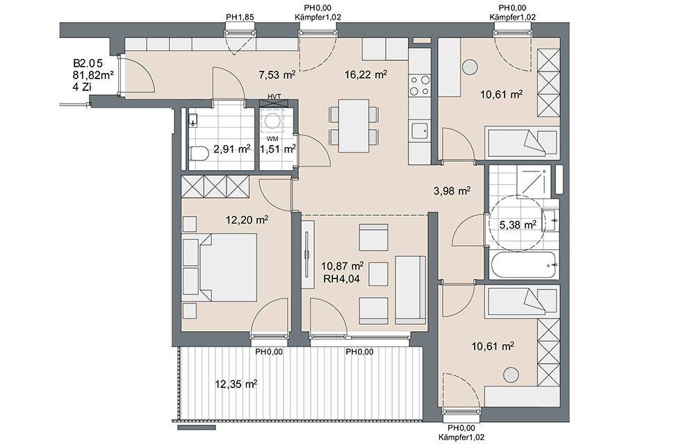 Detaillierter Grundriss einer modernen 4-Zimmer-Wohnung mit offenem Wohnbereich, zwei Bädern und großem Balkon.