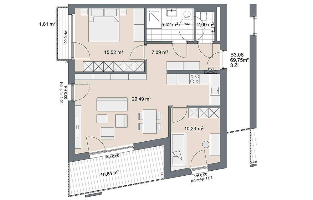 Grundriss einer 3-Zimmer-Wohnung mit offenem Wohnbereich, Schlafzimmer, Bad, separatem WC, Balkon und Terrasse.